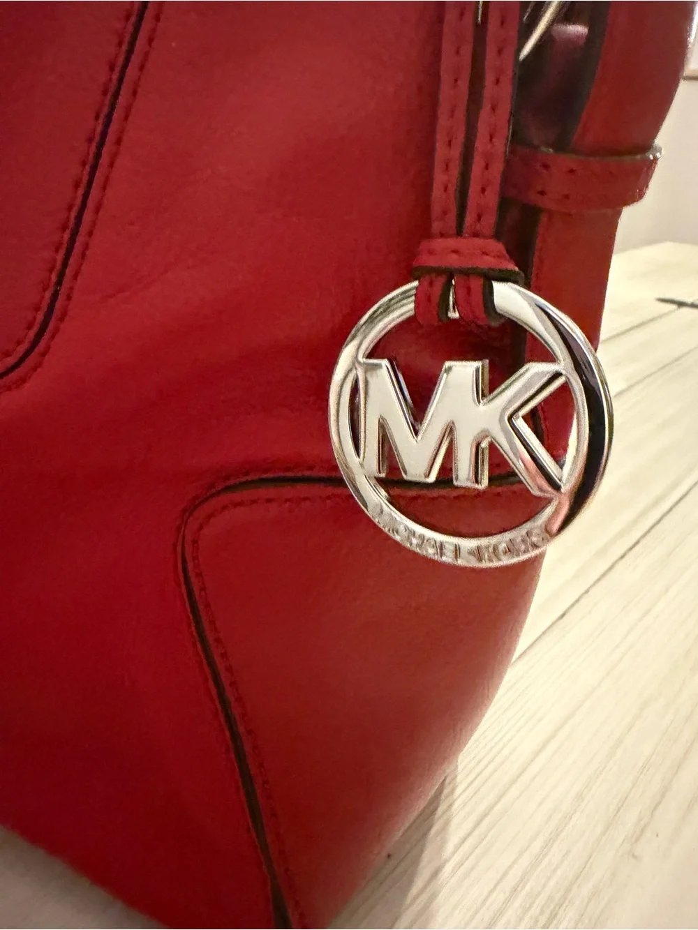 Michael Kors Red Genuine Leather Hobo Shoulder Bag MK Charm Silver Hardware